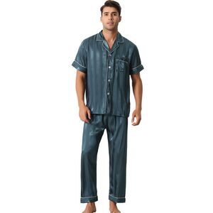 Men Striped Satin Button Down Short Sleeve Long Pants Pajama Set Blue